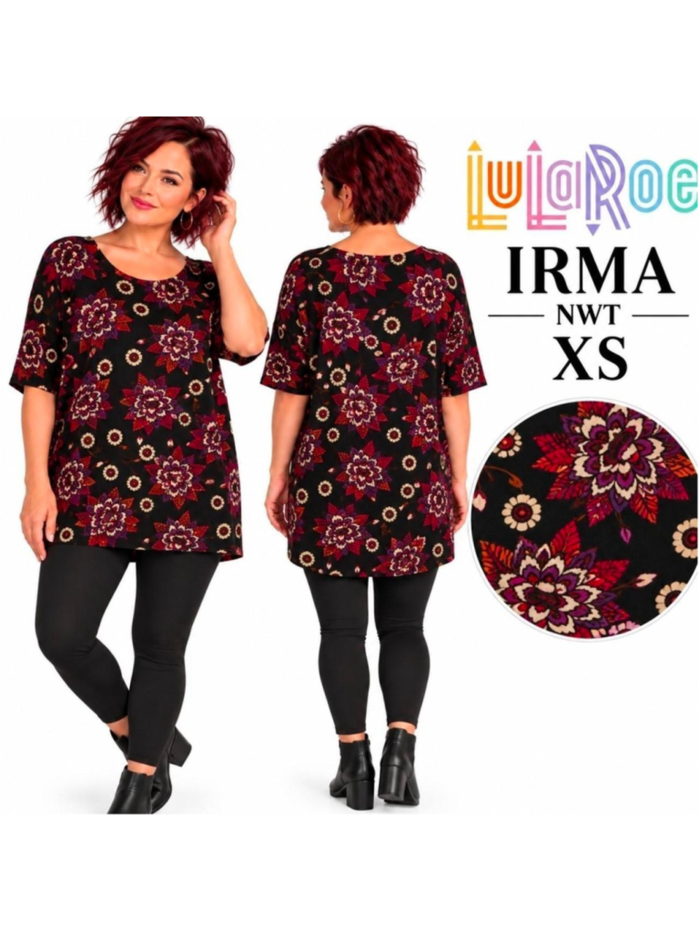 LuLaRoe Irma Tunic XS NWT Black Burgundy Floral High Low Top